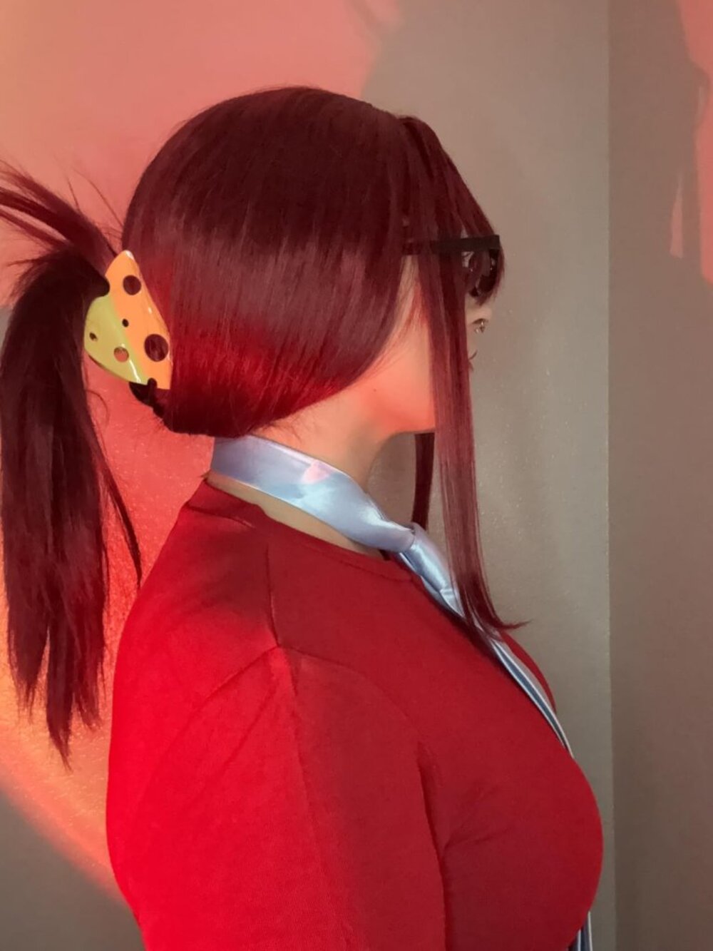 Women's 26 Inch Red Wavy Layered Wig Curtain Bangs Butterfly Haircut Style